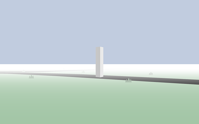3D still of a white rectangle in a green flat landscape agaisnt a blue sky